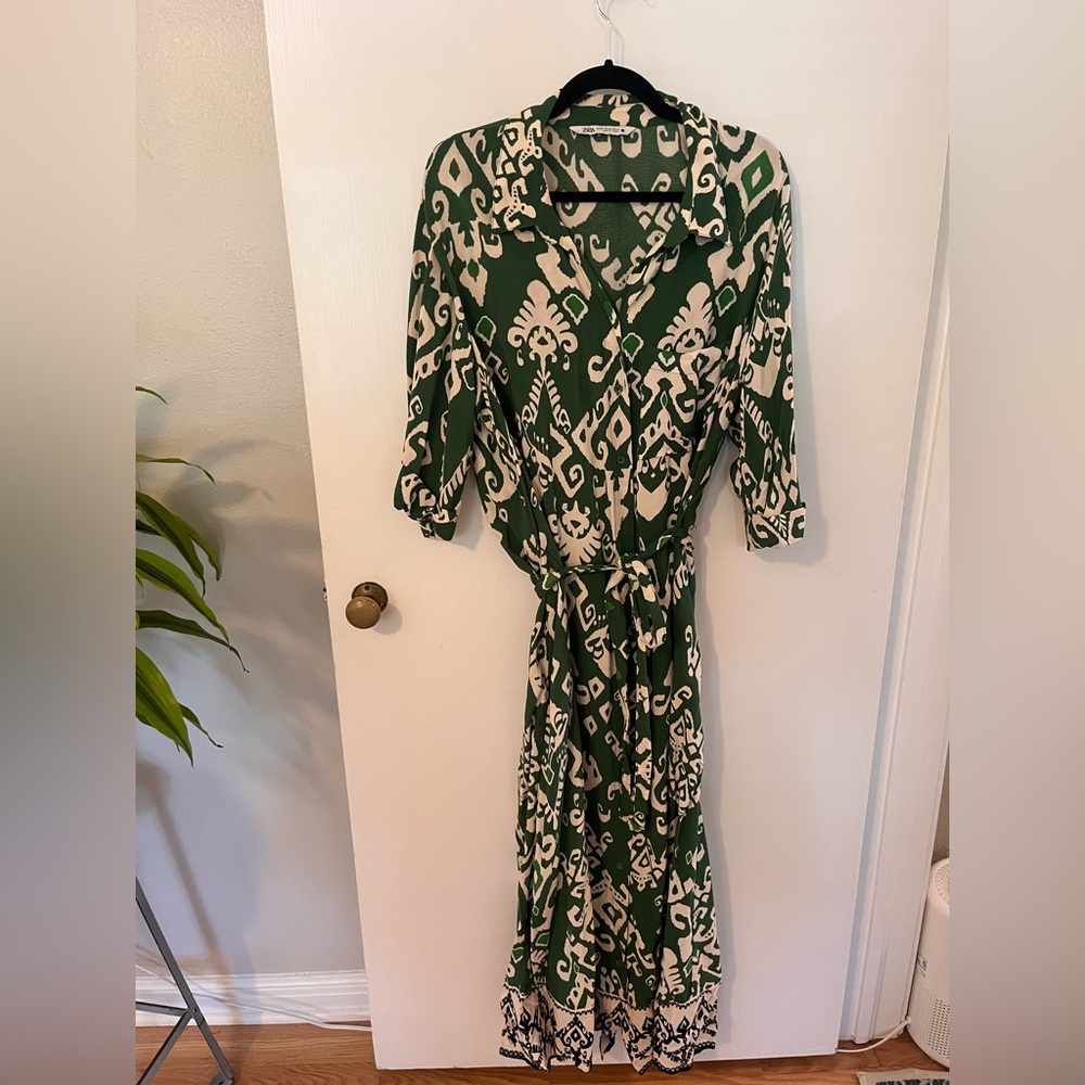 Zara Green and Cream button-front maxi dress